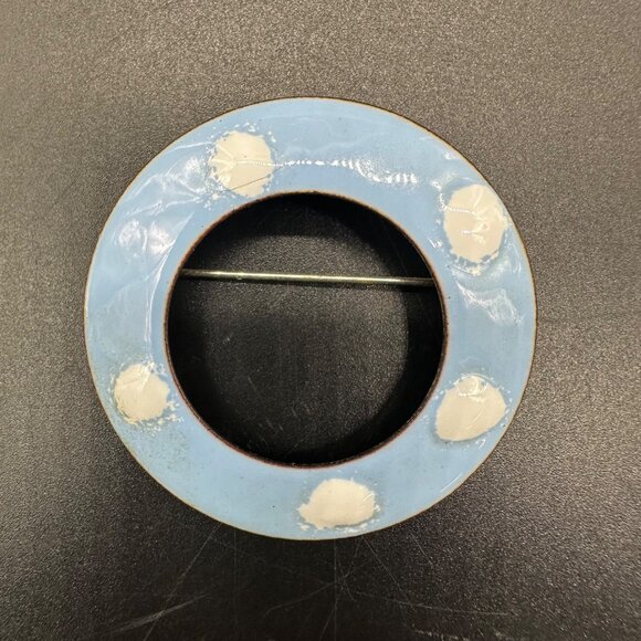 Vintage Round Enamel Brooch Pin Sky Blue White Polka Dot Modern Simple Jewelry - Picture 2 of 8